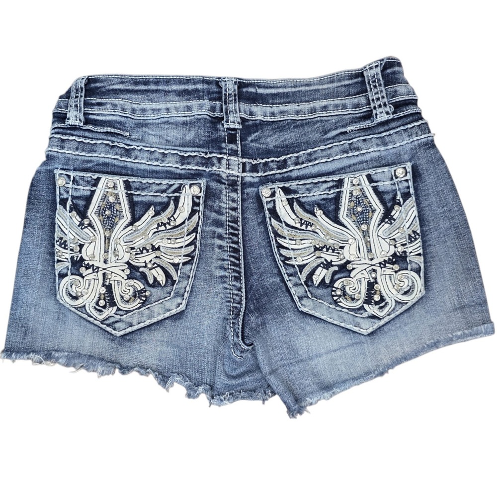 Telepatia Womens 5/27 Blue Embellished Raw Hem Denim Shorts Y2K McBling